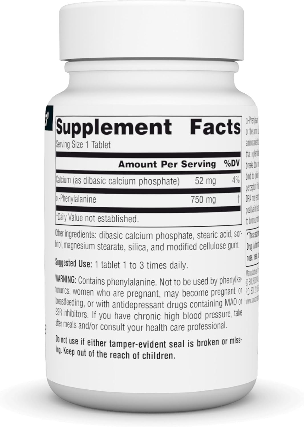Source Naturals DLPA DL-Phenylalanine Supplement That Supports an Alert State* - 750 mg - 30 Tablets