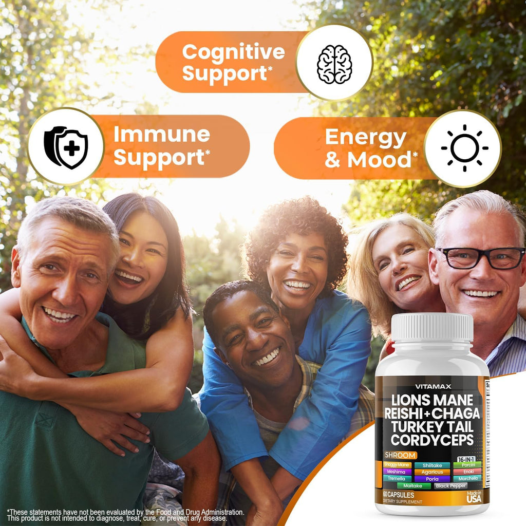 Lions Mane Mushroom, Turkey Tail, Chaga & Reishi, Cordyceps Shiitake White Elm King Trumpet Nameko Oyster Porcini Focus & Energy - Made in USA