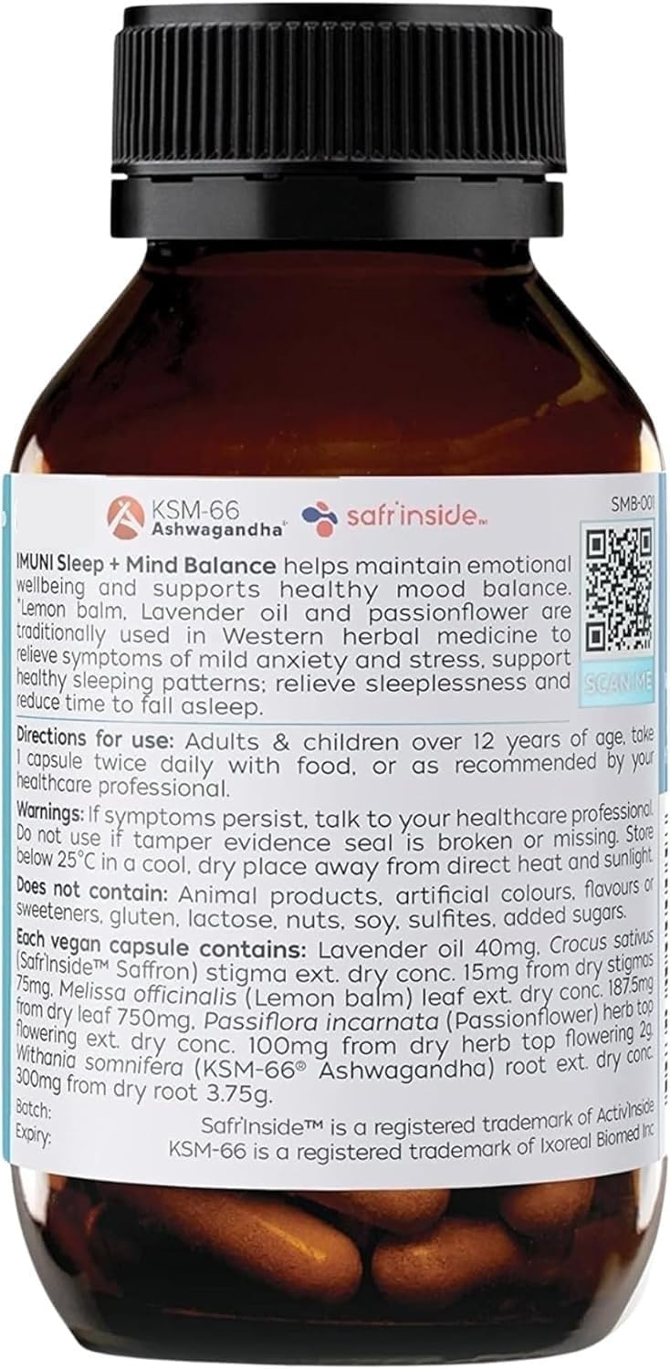 IMUNI Sleep + Mind Balance – Natural Sleep Aid & Stress Relief Supplement with Ashwagandha KSM-66®, Saffron, Lavender, Lemon Balm & Passionflower – Vegan, Non-GMO, 60 Caps