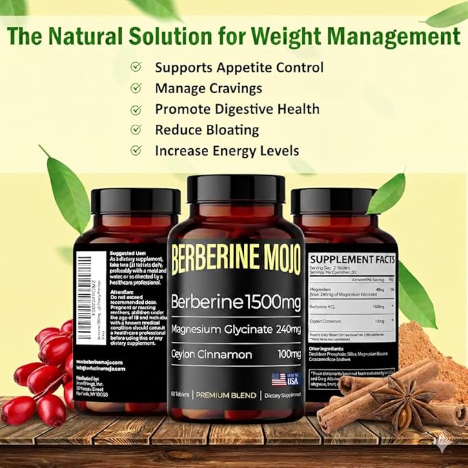 Berberine 1500mg Supplement with GLP-1 & Glucose Support - Berberine HCL, Magnesium Glycinate, Ceylon Cinnamon - Sugar Control & Weight Management Herbal Supplements - Made in USA, 60 Tablets