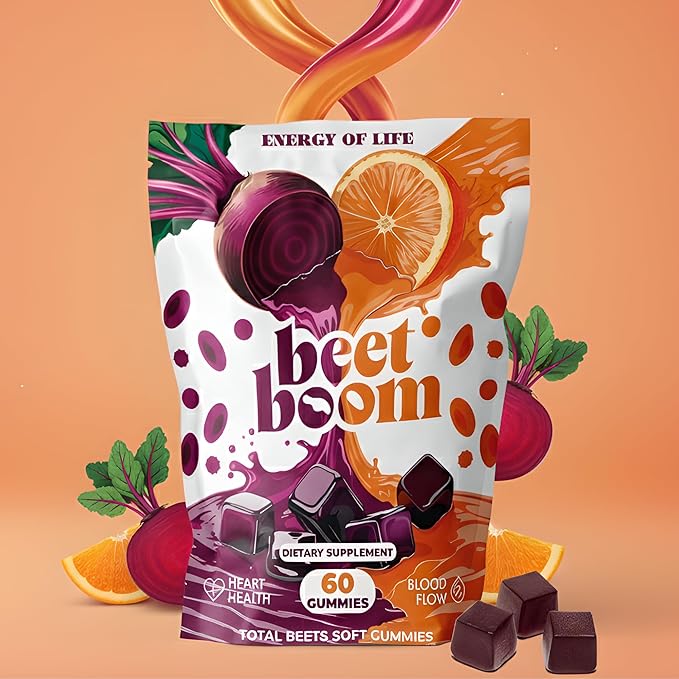 Orange & Beet Root Gummies – Nitric Oxide Booster for Energy & Circulation – Heart Health Beets Chews with Orange – Vegan Beetroot Supplement for Cardiovascular Support – Tasty Power Beet Chews