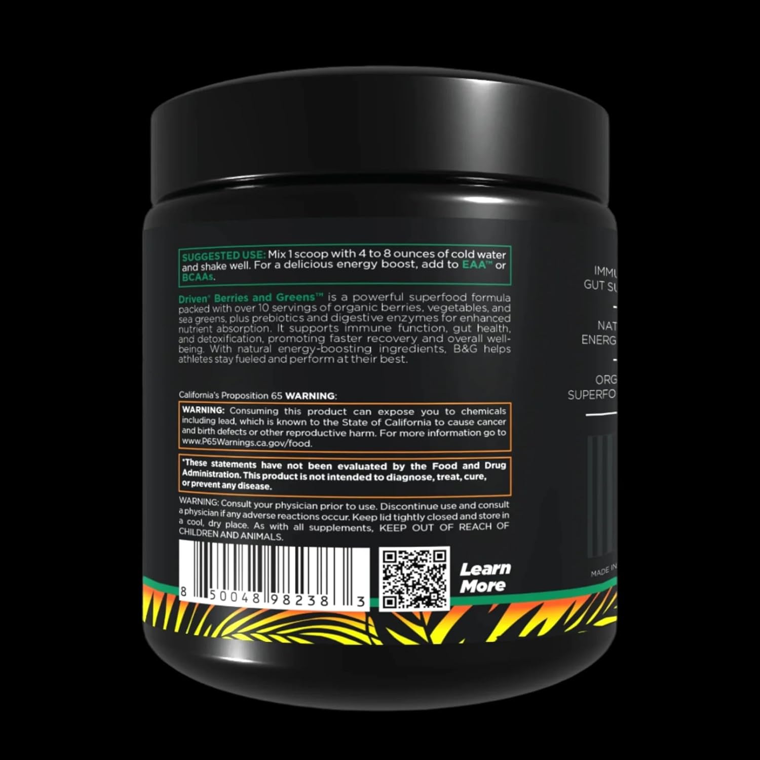 Driven B&G Berries & Greens Superfood Powder, 30 Servings - Organic Plant-Based Formula with Probiotics & Digestive Enzymes -Supports Recovery, Healthy Digestion, and Immune Function (Citrus Delight)