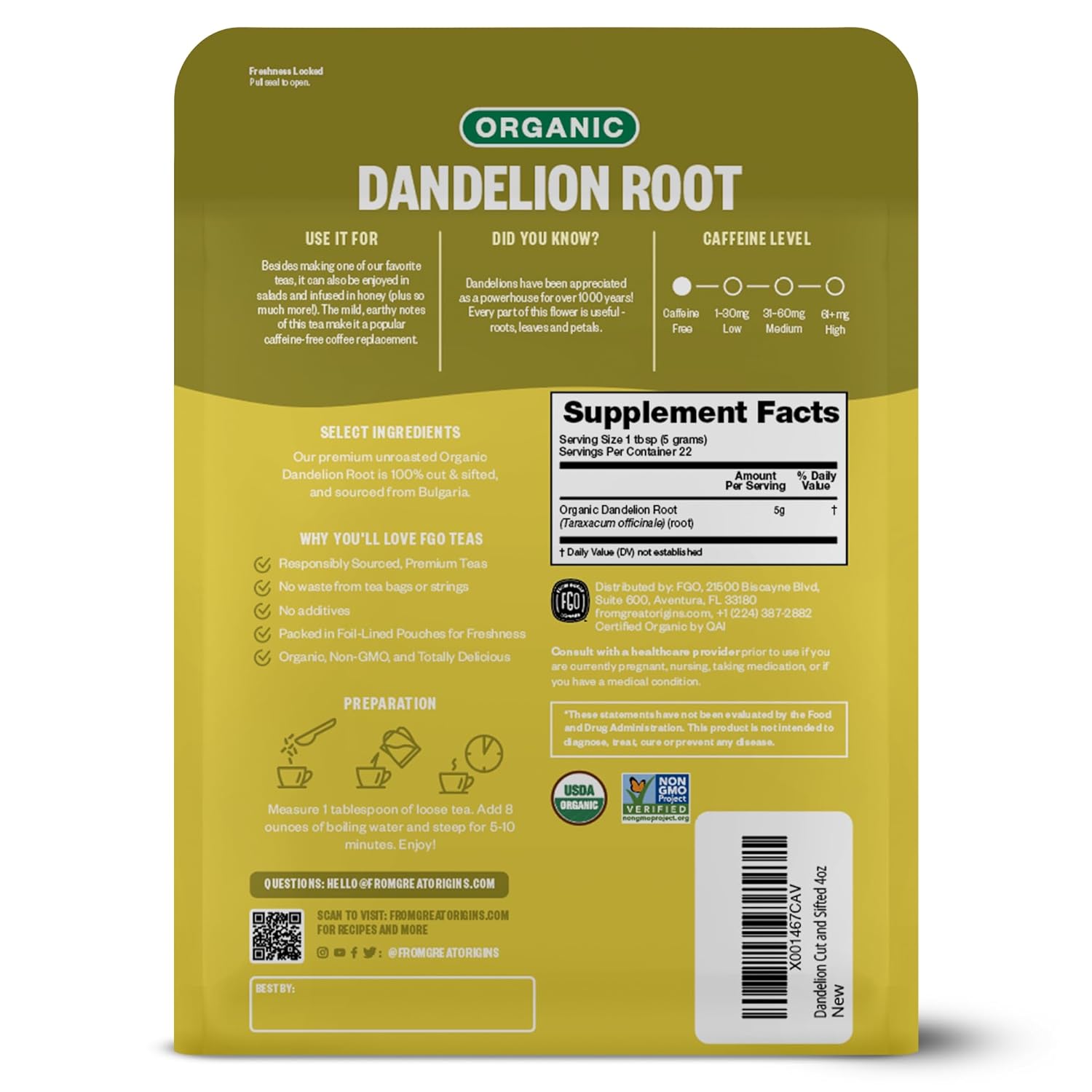 FGO Organic Dandelion Root, Cut and Sifted Loose Tea, 4 Ounce Resealable Bag, Packaging May Vary (Pack of 1)