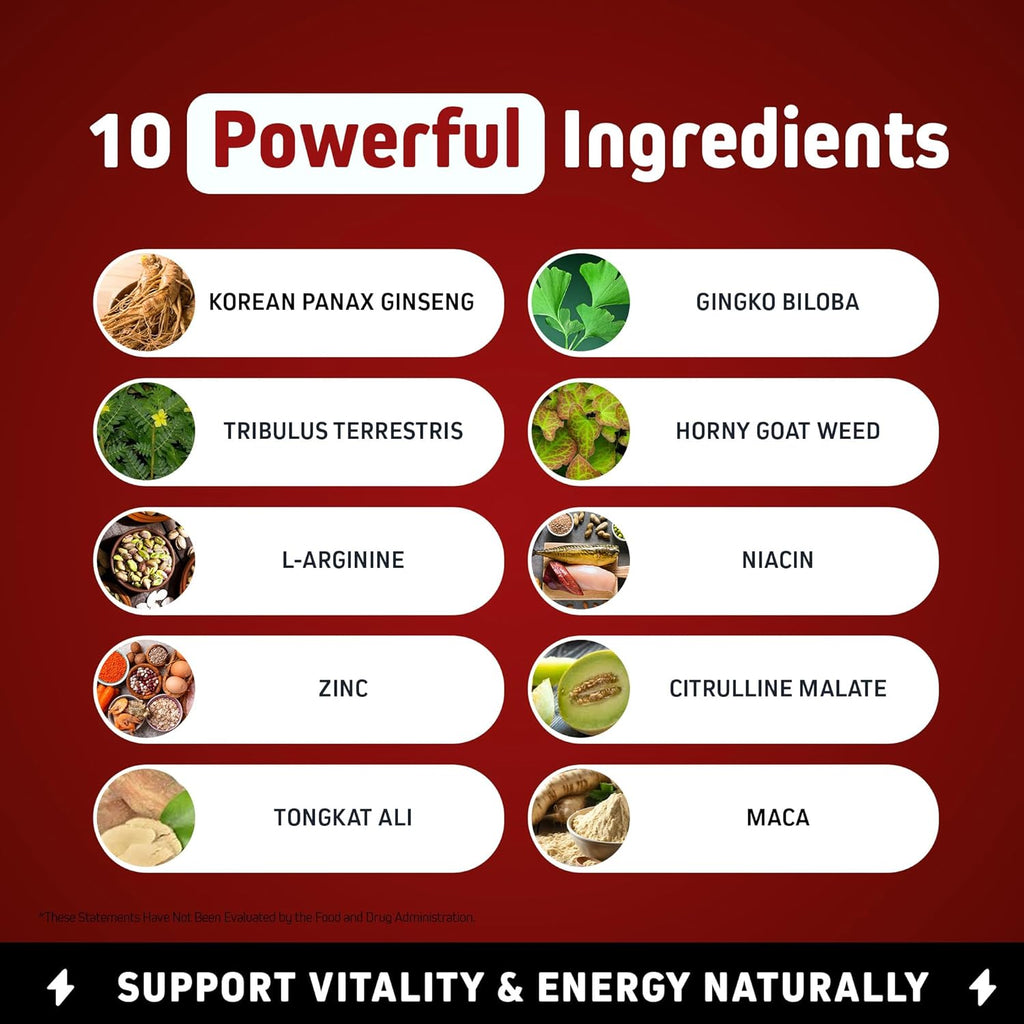 Herbtonics Testosterone Support Supplement for Men - Korean Panax Ginseng & Tribulus Terrestris - Supports Healthy Energy, Strength & Stamina - 60 Vegan Capsules