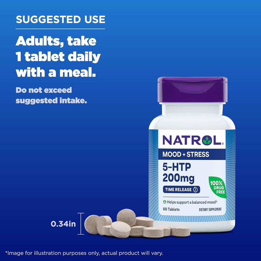 Natrol 5-HTP 200mg, Dietary Supplement Helps Support a Balanced Mood, 60 Time Release Tablets, 60 Day Supply