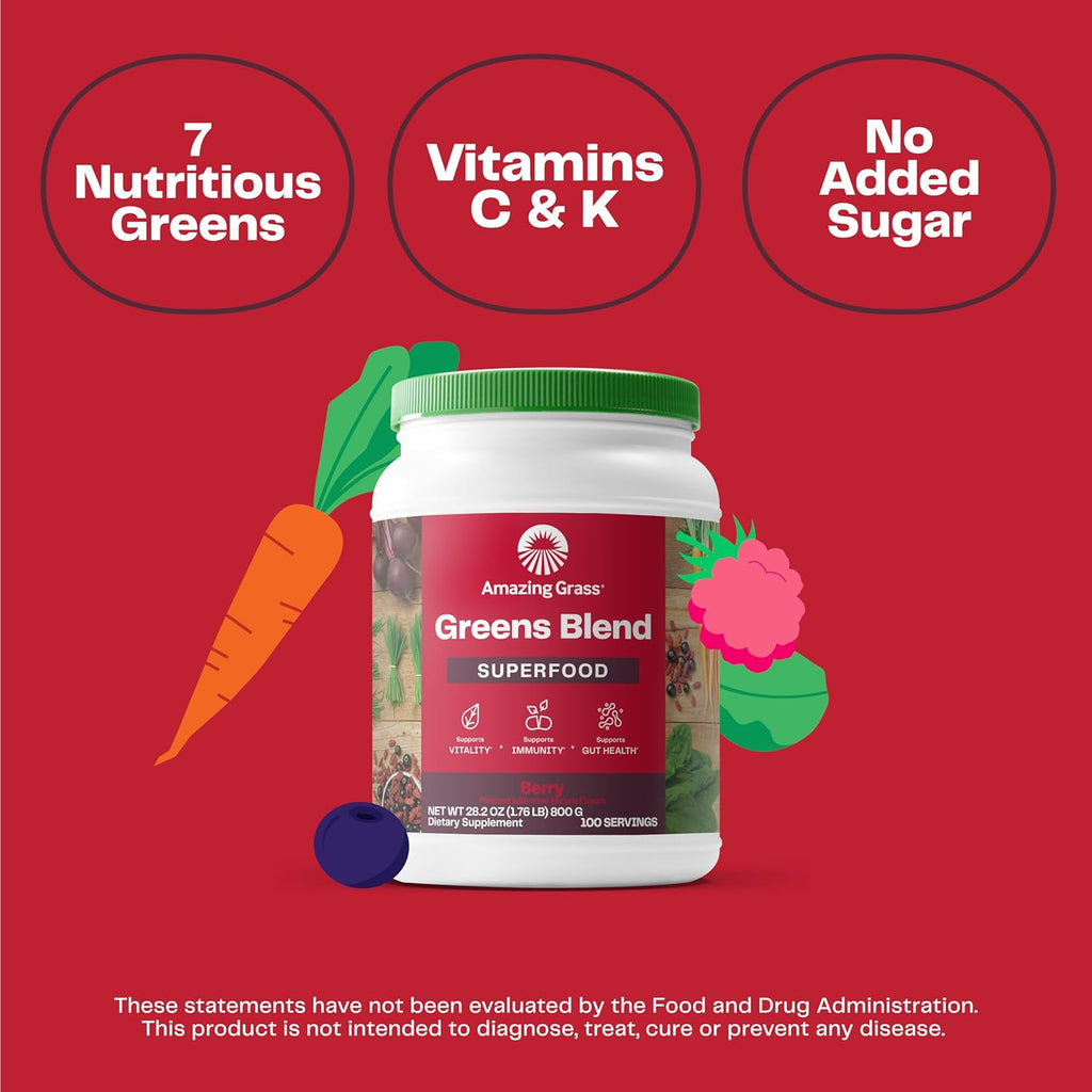 Amazing Grass Greens Blend Superfood: Super Greens Powder with Spirulina, Chlorella, Beet Root Powder, Digestive Enzymes, Prebiotics & Probiotics, Berry, 100 Servings (Packaging May Vary)