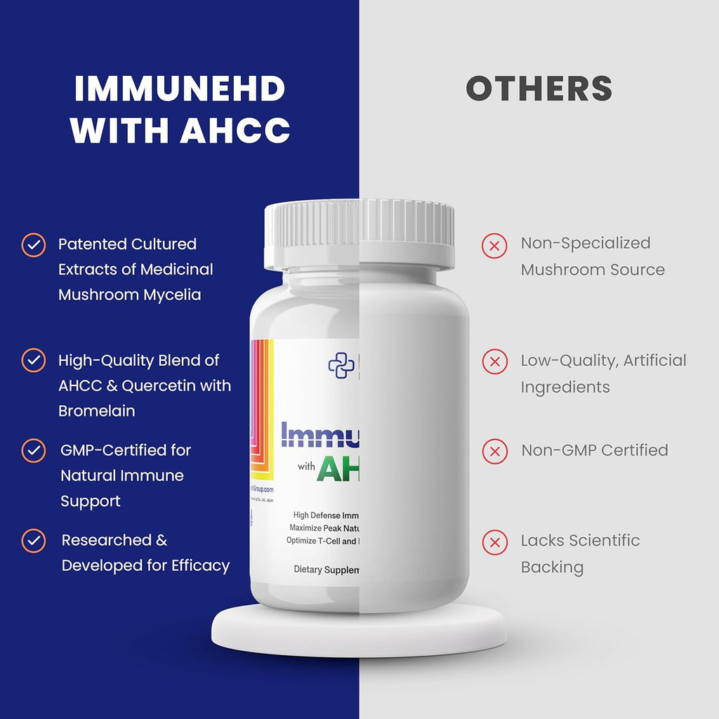 Immune-HD with AHCC Supplement for Immune Support,1500mg of AHCC Mushroom Extract + Olive Leaf & Quercetin with Bromelain, Natural Killer Cell Activity for Immune System, Liver Function, 90 Caps, RBG