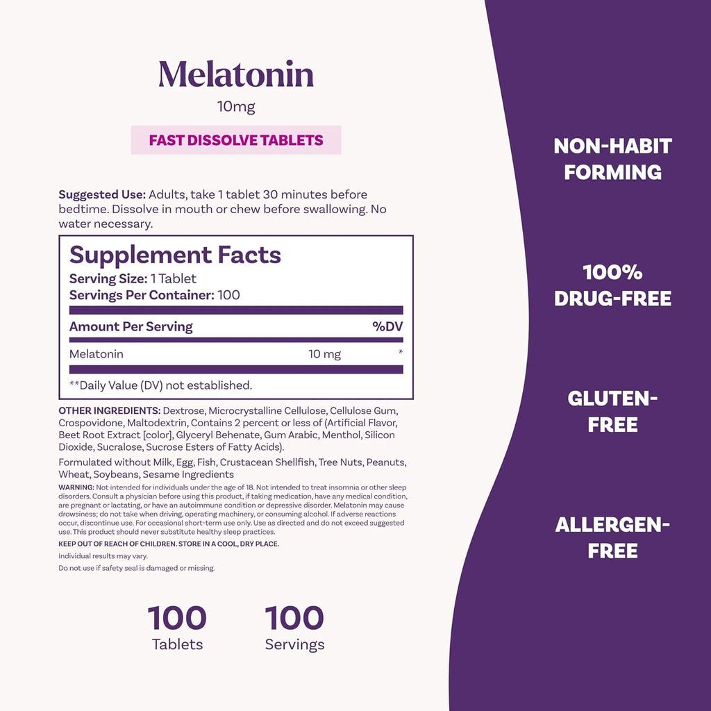 Natrol Fast Dissolve Melatonin 10mg Tablets - Strawberry Flavor, 100 Count, Sleep Support Melatonin Tablets for Adults, 100-Day Supply
