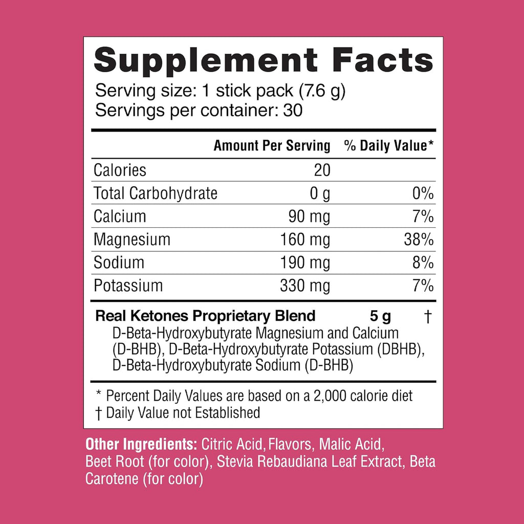 Real Ketones BHB Exogenous Ketones Drink Mix Packets | Electrolytes Powder Packets No Sugar, 4 Main Fasting Electrolytes Plus Hydrating Patented Keto BHB - 30 Count Raspberry Lemonade