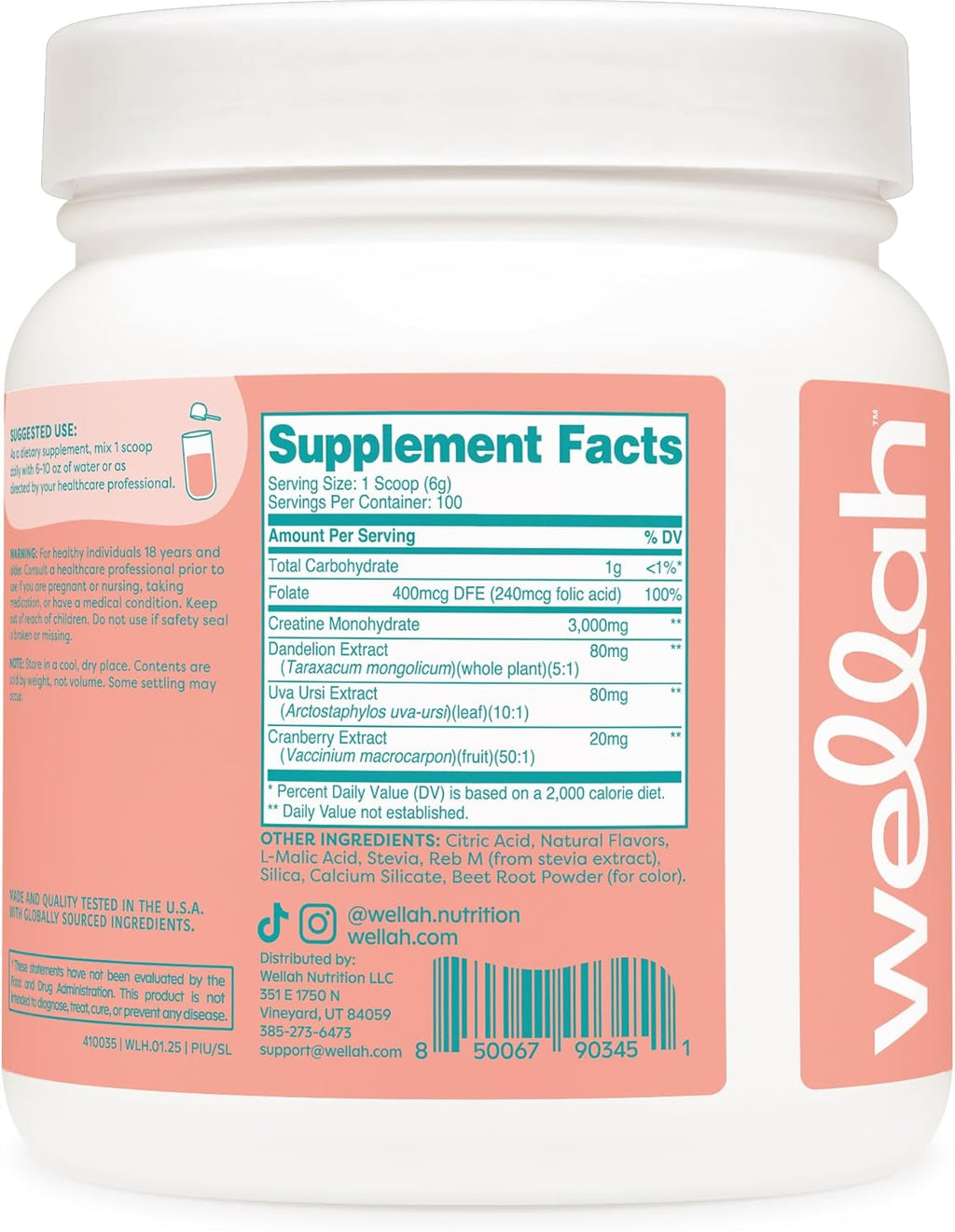 Wellah Creatine for Women - Creatine Monohydrate with Dandelion & Cranberry Extract (100 Servings, Strawberry Lemonade)