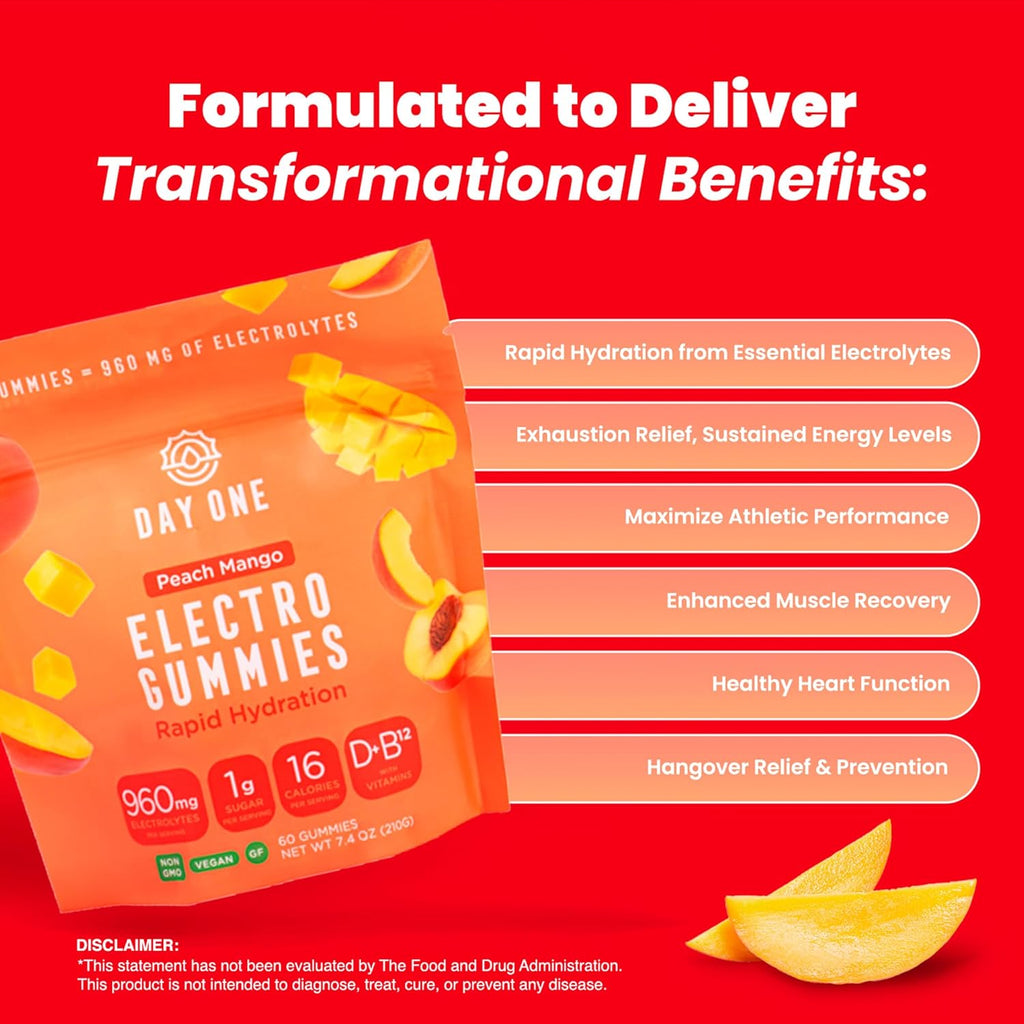 Day One Electrogummies - 60pcs. of Peach Mango Flavored Electrolyte Gummies for Hydration and Recovery - Packed with Essential Electrolytes Ideal for Workouts, Running, Hiking and More