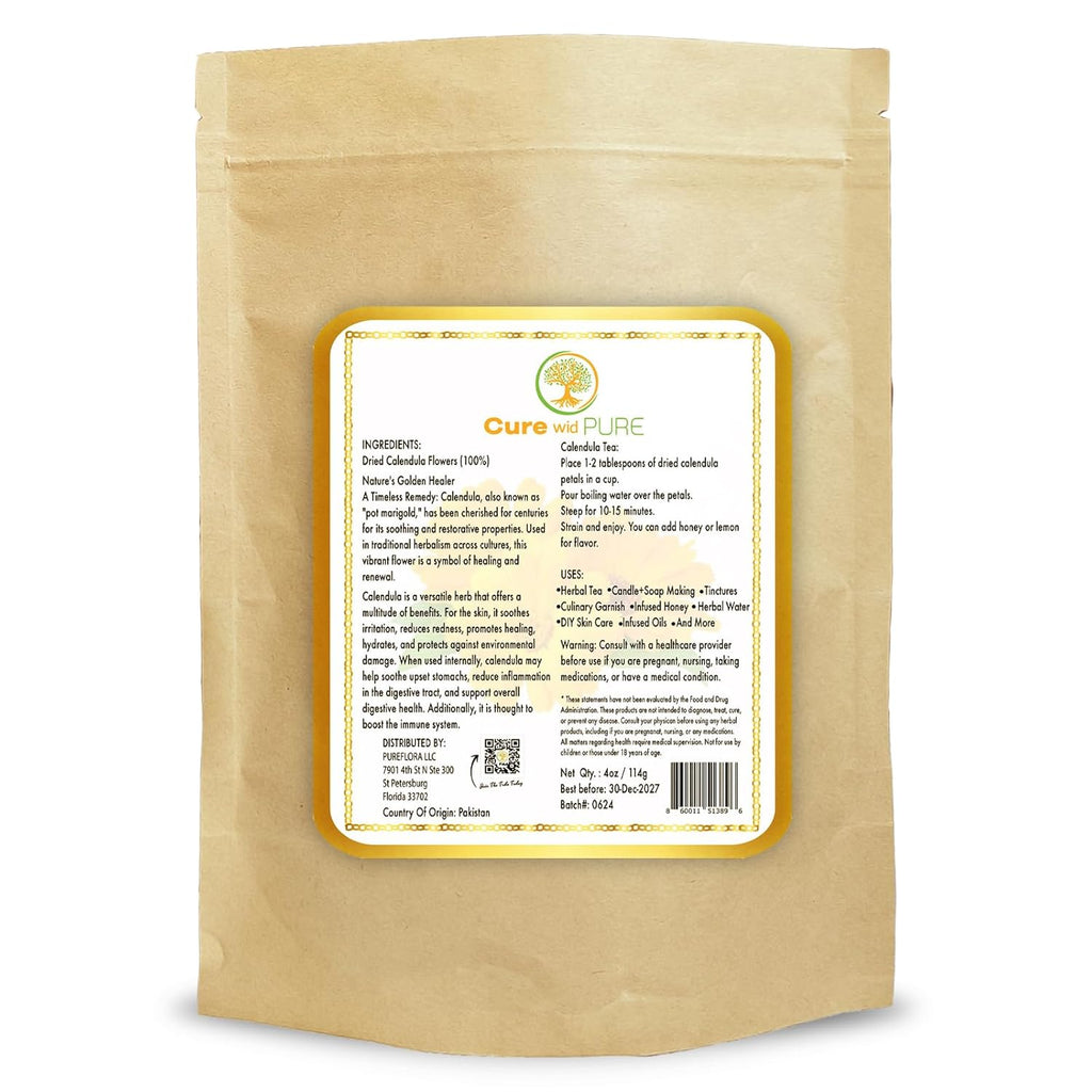 Cure Wid Pure Certified Organic Dried Calendula Flowers | 4 oz Resealable Pack Whole Organic Calendula Flowers for Skincare,DIY Remedies & Herbal Tea | Vibrant Color & Aromatic Dried Marigold Flower