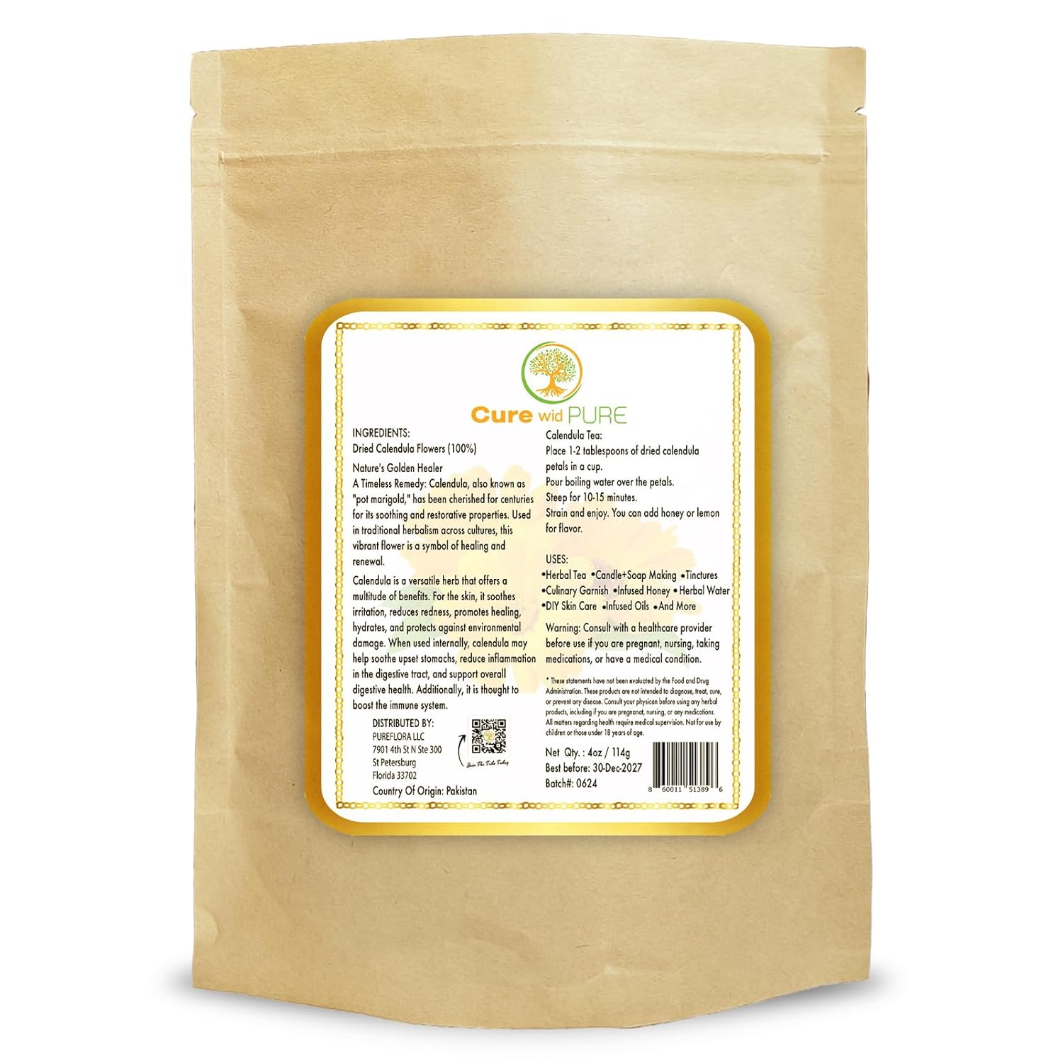 Cure Wid Pure Certified Organic Dried Calendula Flowers | 4 oz Resealable Pack Whole Organic Calendula Flowers for Skincare,DIY Remedies & Herbal Tea | Vibrant Color & Aromatic Dried Marigold Flower