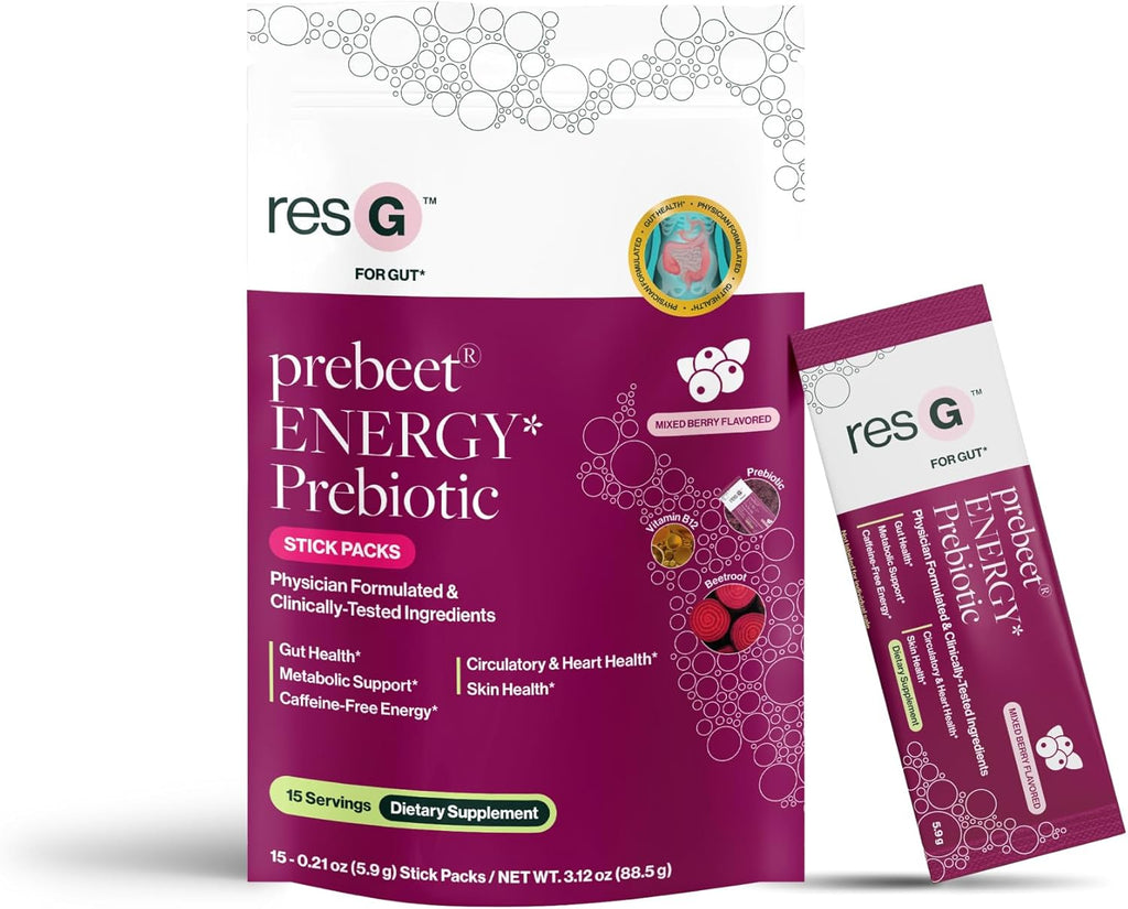 ResBiotic resG prebeet Prebiotic - Fiber Digestion Supplement, Drinkable GLP-1, Powder Packets for Women & Men, On The Go Gut Health Drink Mix, Gluten Free, Sugar Free - 15 Stick Packs