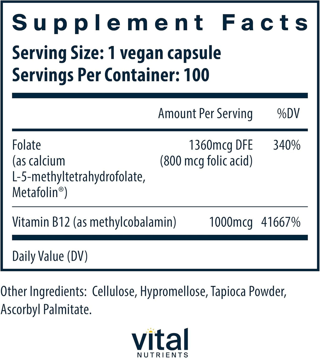 Vital Nutrients Vitamin B12 & Methyl Folate | Vegan Methylated Folate & B12 Supplement | 5-MTHF Plus B12 Supports Nervous System & Metabolism* | Gluten, Dairy, Soy Free | 100 Capsules