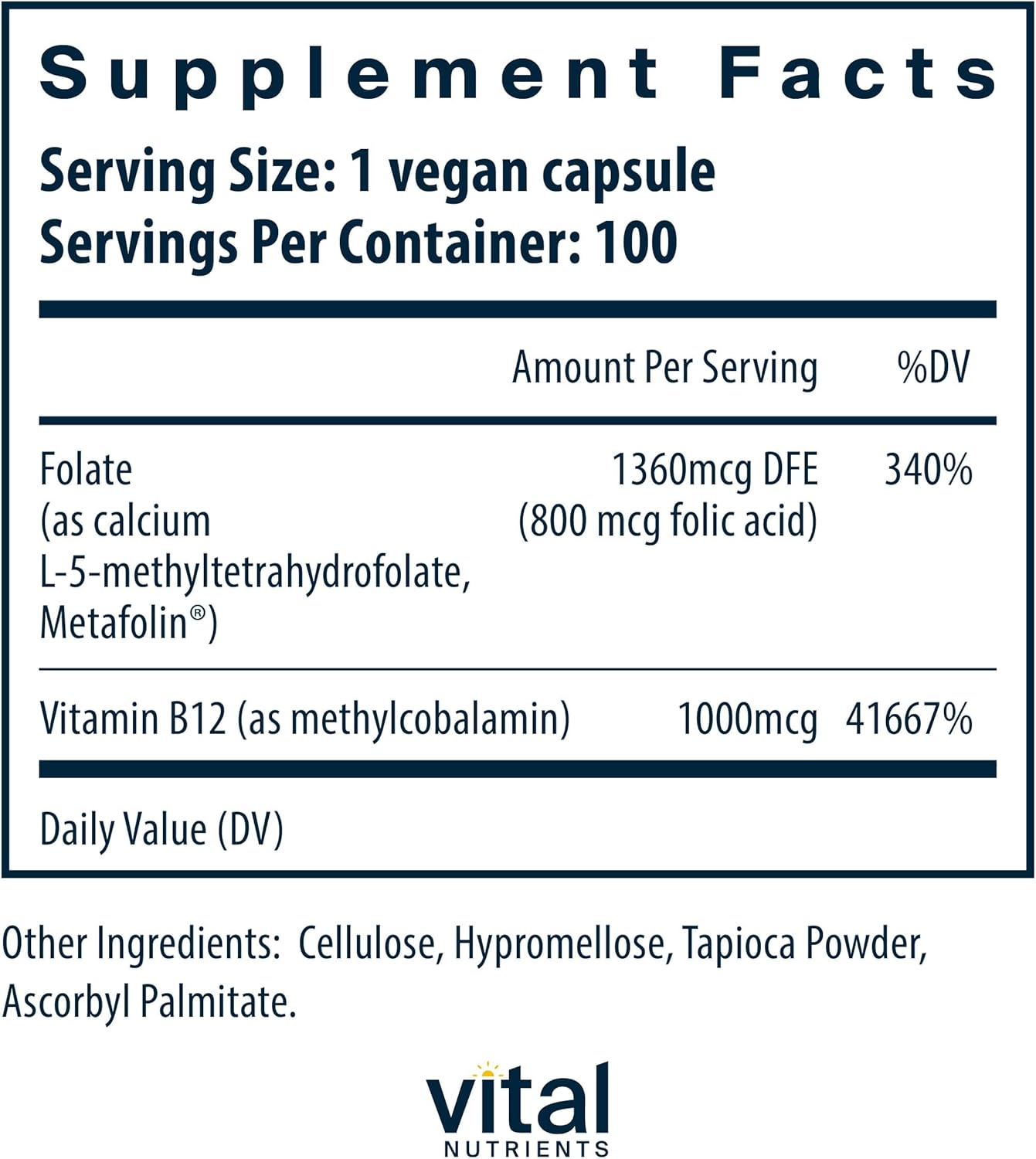 Vital Nutrients Vitamin B12 & Methyl Folate | Vegan Methylated Folate & B12 Supplement | 5-MTHF Plus B12 Supports Nervous System & Metabolism* | Gluten, Dairy, Soy Free | 100 Capsules