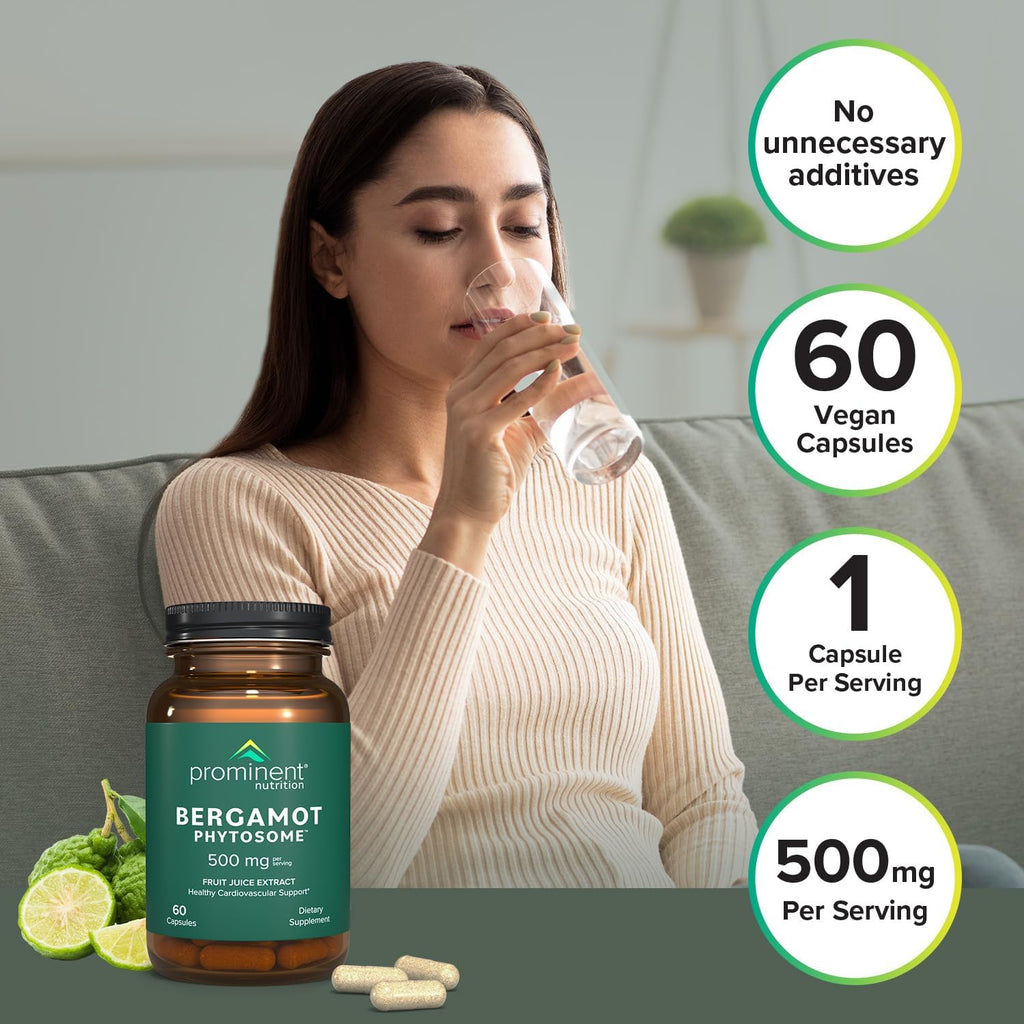 Prominent Nutrition Bergamot Phytosome, Clinically Researched Vazguard Citrus Bergamot Extract for Cholesterol and Heart Health Support, Enhanced-Absorption Supplement, 500 mg, 60 Capsules