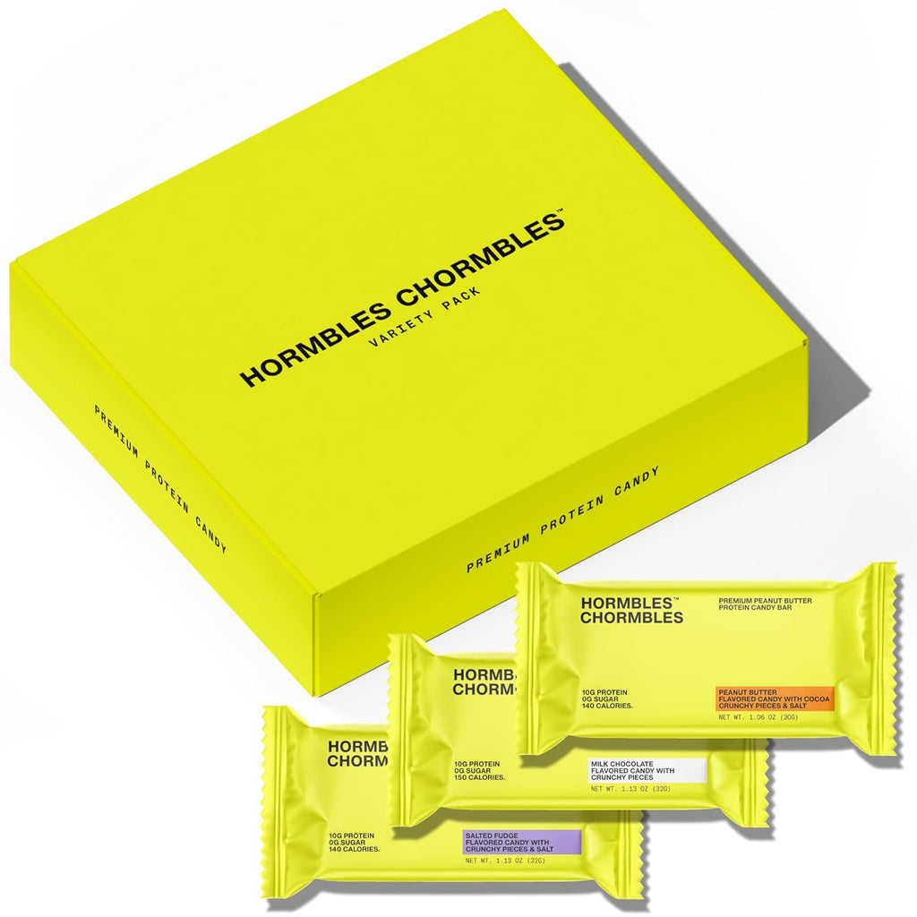 Hormbles Chormbles Protein Candy Bars, Variety Pack, 10g Protein, 0g Sugar, Milk Chocolate, Peanut Butter, Salted Fudge Candy With Crunchy Pieces, Sugar Free Snacks or Dessert, 9 Pack