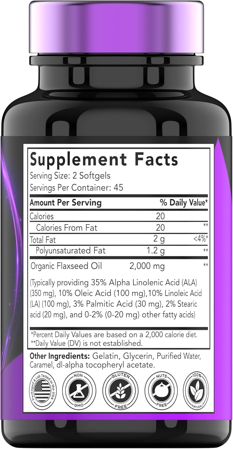 Organic Flaxseed Oil Softgels: 2000 mg - 90 Softgels | High in Omega-3 Fatty Acids | Flaxseed Oil Supplement for Women & Men | Non-GMO