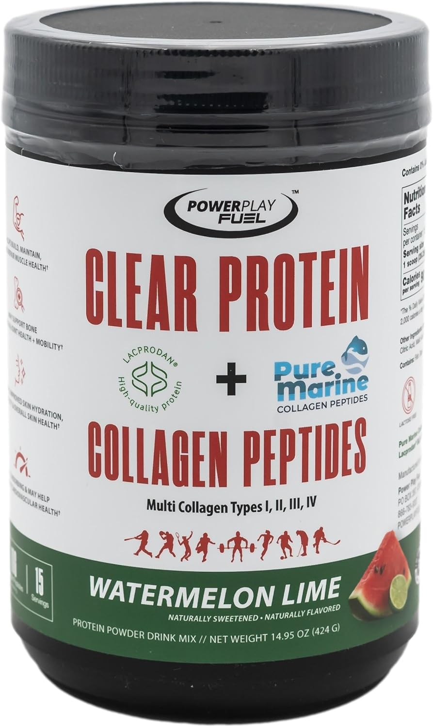 Clear Protein & Collagen Peptides Protein Powder Drink Mix - Naturally Sweetened & Flavored, Gluten Free, Lactose Free - Protein + Marine Collagen - 15 Servings (Watermelon Lime)