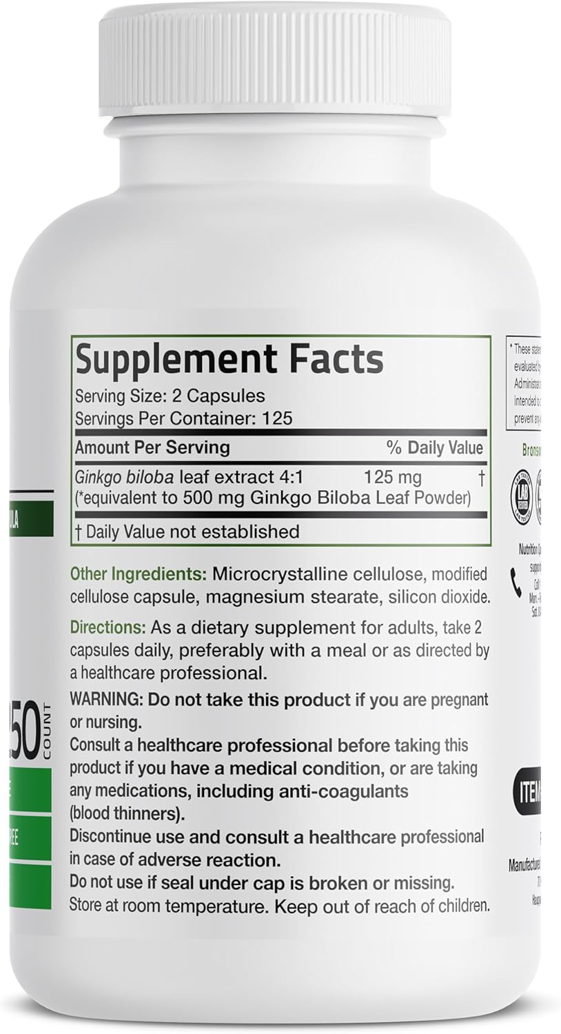 Bronson Ginkgo Biloba Extra Strength Supports Brain Function & Memory Support, 250 Vegetarian Capsules