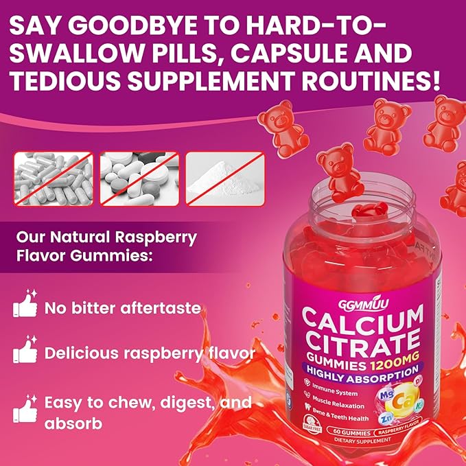 Calcium Citrate Gummies 1200mg, High Absorption Calcium Supplements for Women & Men, Sugar Free Calcium Gummies for B0ne, Muscle & Immune Support, Non-GMO, Vegan, Raspberry Flavor, 60 Count