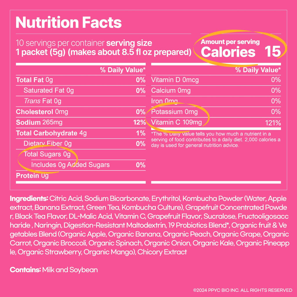 SUNMANC Kombucha 10 packets, Sparkling Probiotic Fermented Drink, Convenient Powdered Drink Mix, Tea Powder, Low Calories, Sugar 0g, Low Caffeine (Grapefruit)