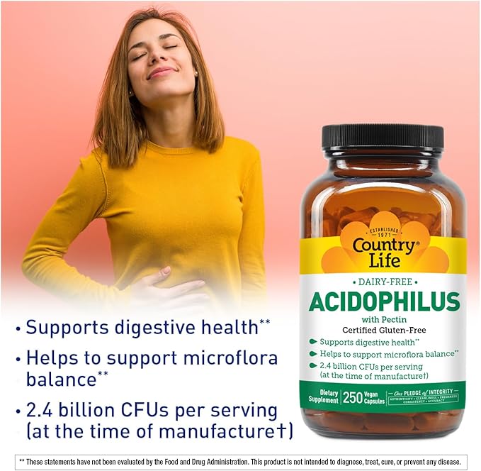 Country Life Acidophilus Probiotic Supplement for Women & Men - Free from Common Allergens - 2.4 Billion CFUs to Support Digestive Health - Dairy-Free, Non-GMO, 250 Vegan Capsules