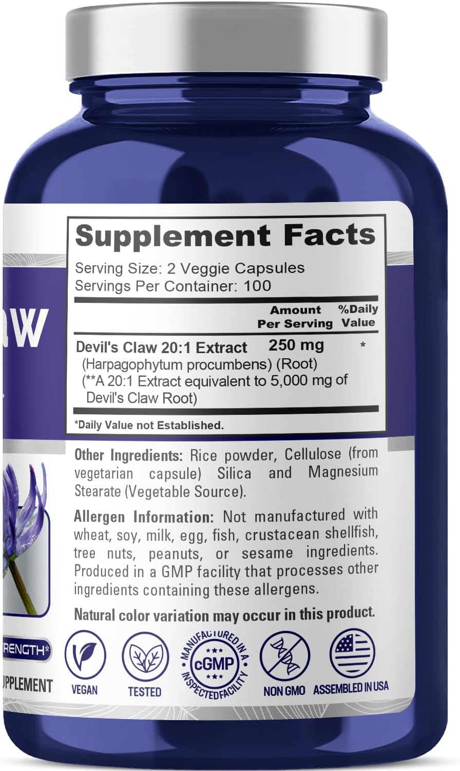NusaPure Devil's Claw 20:1 Extract, 250 mg Equivalent to 5000mg, 200 Veggie Capsules, Concentrated Root Extract, Devils Claw Herbal Supplement, Non-GMO, Vegan Supplement