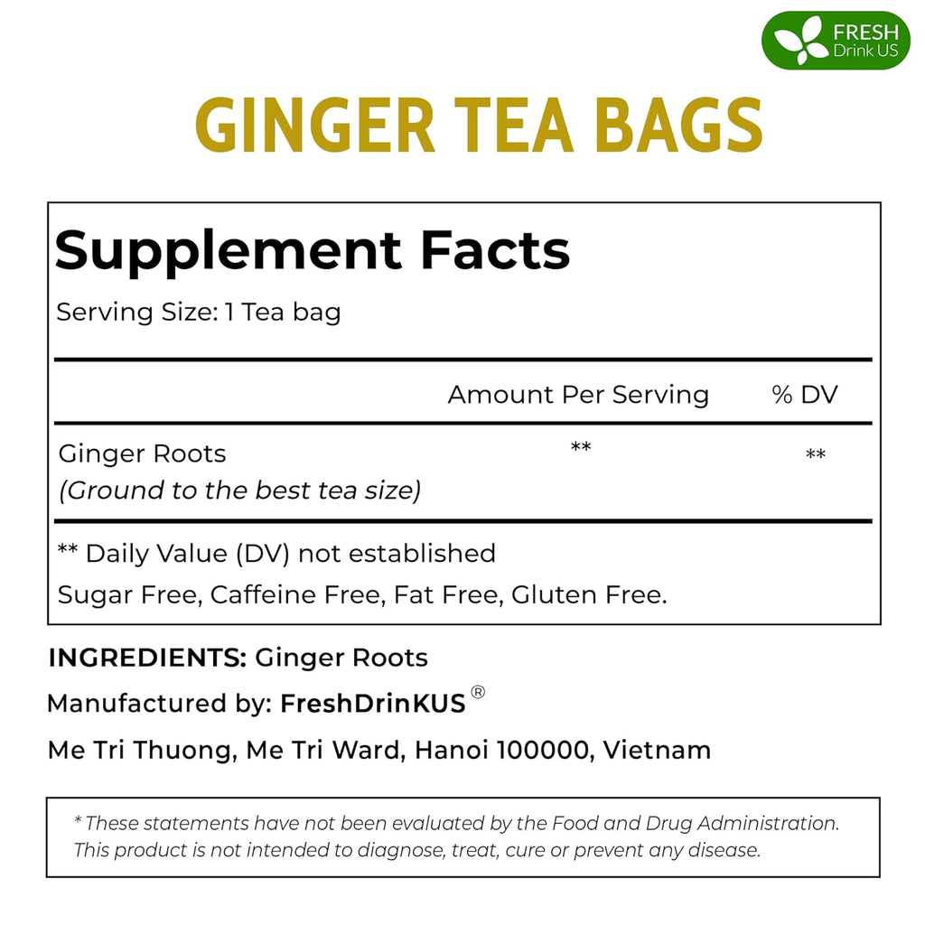FreshDrinkUS, 150 Premium Ginger Tea Bags, Non GMO, 100% Natural & Pure from Ginger Root, Root Herbal Tea. No Sugar, No Caffeine, No Gluten, Vegan. Support Stronger Digestion, Pleasantly Spicy & Warming