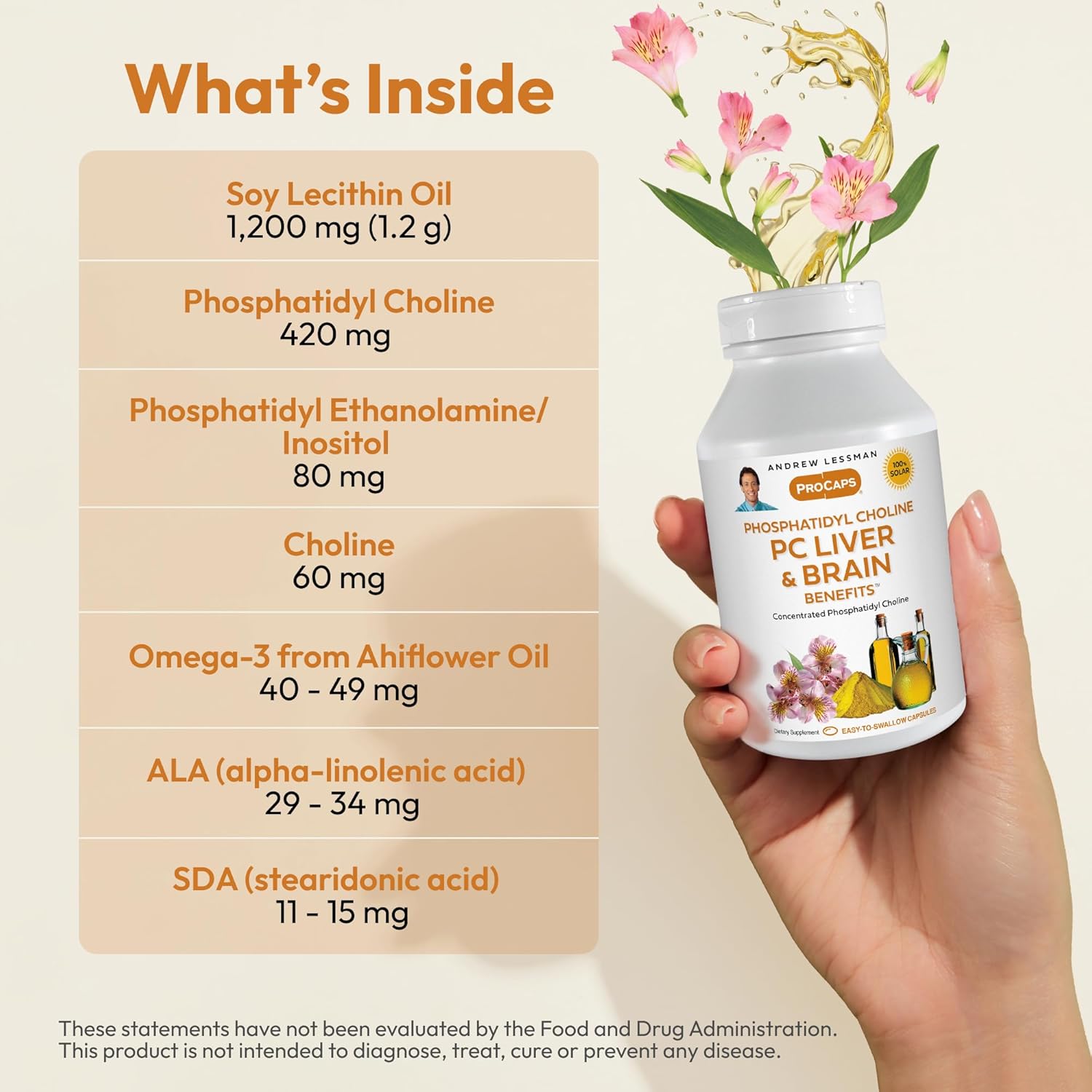 ANDREW LESSMAN PC Liver and Brain Benefits 180 Softgels - Phosphatidyl Choline, Most Important Building Block for Healthy Liver and Brain Structure, Function. No Additives. Easy to Swallow Softgels
