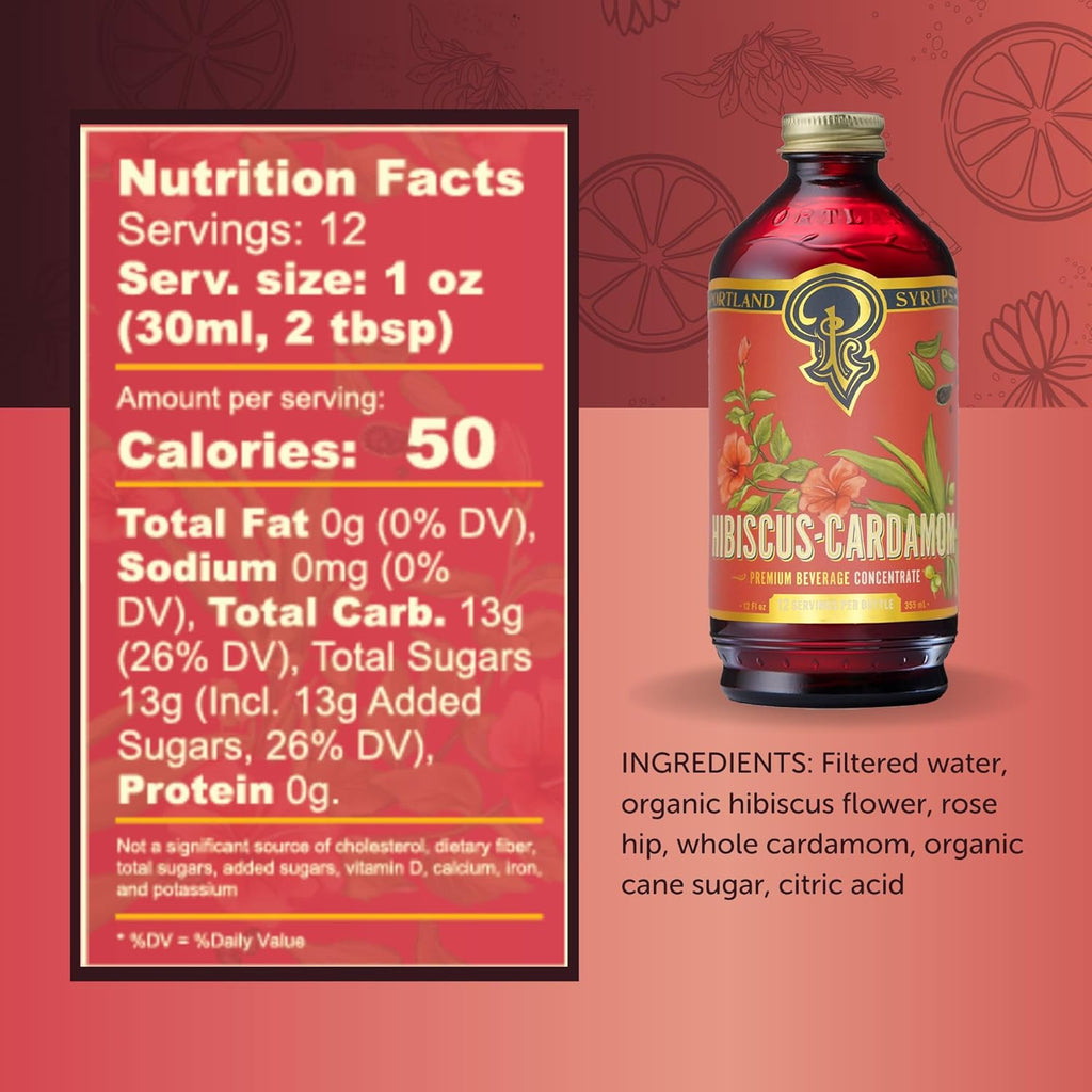 Portland Syrups Hibiscus Cardamom Syrup - Craft Exquisite Cocktails, Mocktails, Tea, Soda, Coffee Drinks, and More - 12 oz with 12 Servings (Pack of 1)