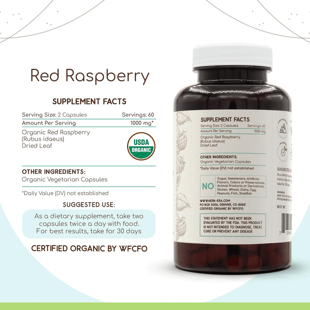 Red Raspberry USDA Organic 120 Capsules | Natural Herbal Supplement | Certified Organic Vegetarian Capsules and Organic Red Raspberry (Rubus idaeus) Dried Leaf (120 Capsules)
