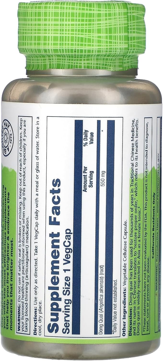 SOLARAY Dong Quai Root 550mg | Healthy Menstrual & Menopausal Support | Womens Health Supplement | Whole Root | Non-GMO, Vegan & Lab Verified | 180ct