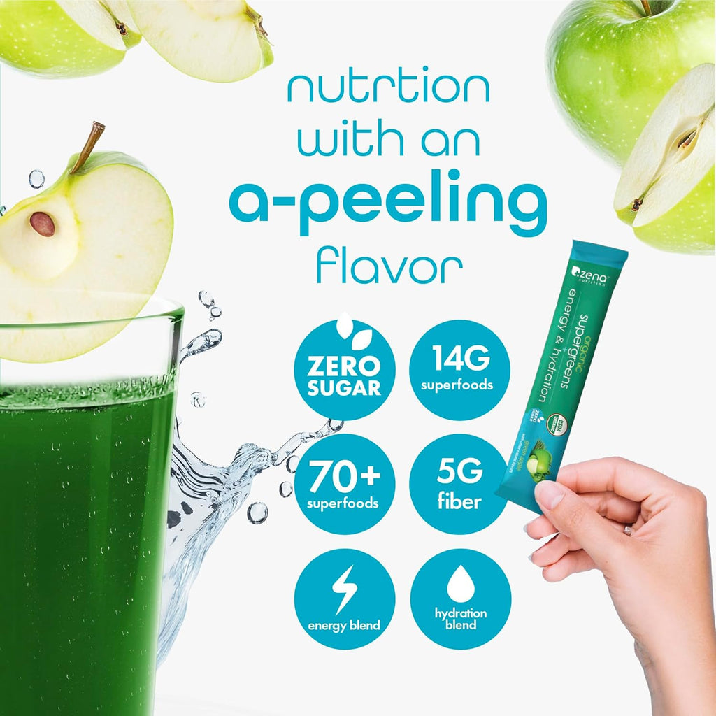 Zena Nutrition Organic Super Greens Energy & Hydration Powder, 70+ Superfoods, 0 Sugar, 5G Fiber, Spirulina, Chlorella, Prebiotics/Probiotics, Natural Caffeine + Electrolytes, 40 Drink Mix Packets