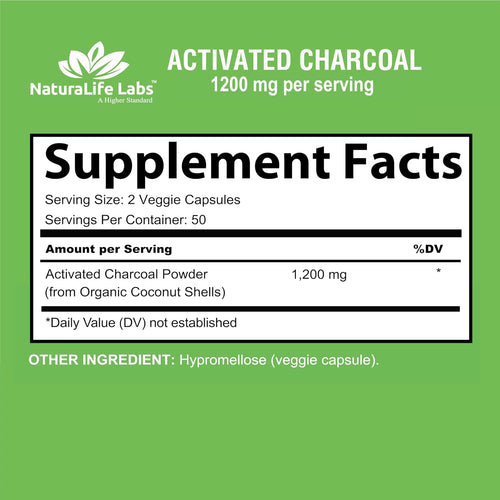 Activated Charcoal Capsules - 1,200 mg Highly Absorbent Helps Alleviate Gas & Bloating Promotes Natural detoxification Derived from Coconut Shells - per Serving - 100 Vegan Capsules