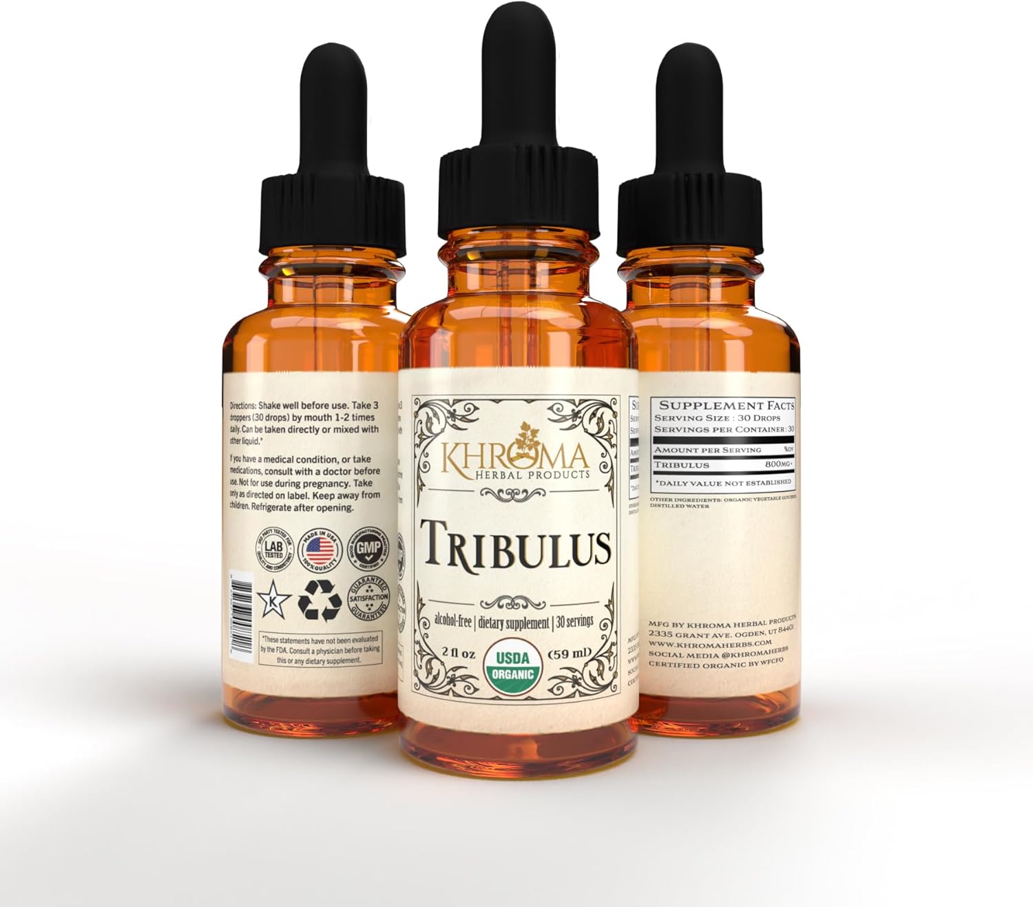 Khroma Herbal Products Organic Tribulus 30 Servings - 800 MG - Max Strength Liquid - Alcohol-Free - 2 FL OZ