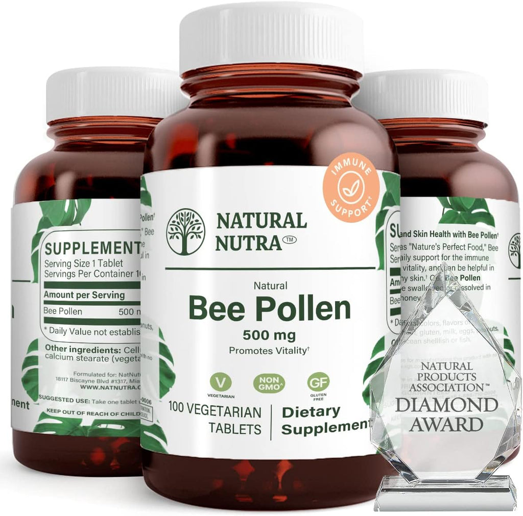Natural Nutra Bee Pollen 500 mg, Gluten-Free Vegetarian Supplement, Helps Promotes Vitality, Energy Boost, Skin Health, Boost Stamina, Nutritional Supplement, 100 Tablets