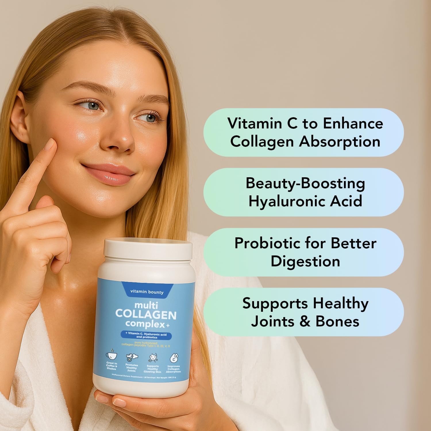 Vitamin Bounty Multi Collagen Complex Plus - 5 Types of Hydrolyzed Collagen Peptides for Women & Men w/Vitamin C, Hyaluronic Acid & Probiotics | Supports Skin, Hair, Joints & Gut Health | 28 Servings