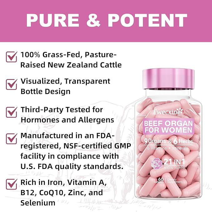 Beef Organ Supplement for Women | 9-Organ Formula with Herbal Support, Liver, Uterus, Ovary, Heart & Kidney for Feminine Balance & Energy | New Zealand Grass-Fed | 60 Capsules