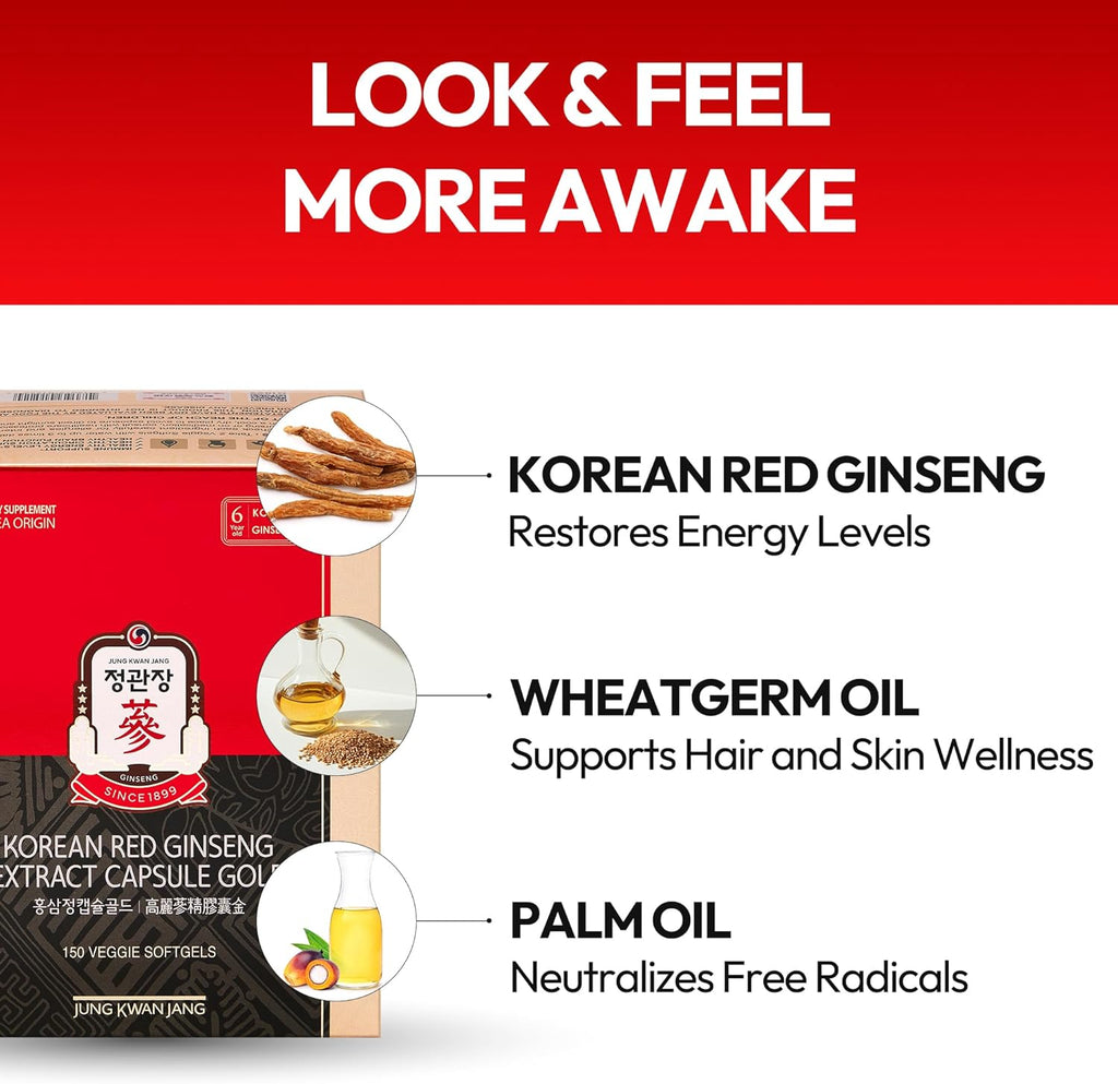 Korean Red Ginseng Extract Capsule Gold - Vegan Energy Supplements - Energy Boost & Immune Support, Caffeine Free & Non-GMO (600mg, 150 Capsules)