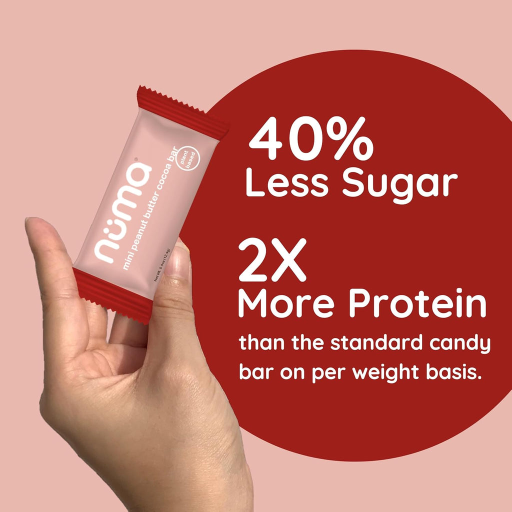 Numa Mini Peanut Butter Cocoa Bars - Vegan, Low Sugar, High Protein, Natural, Gluten Free - Crunchy Plant Based PB Snacks - 3 Bags with 8 Individually Wrapped Chocolate Protein Bars