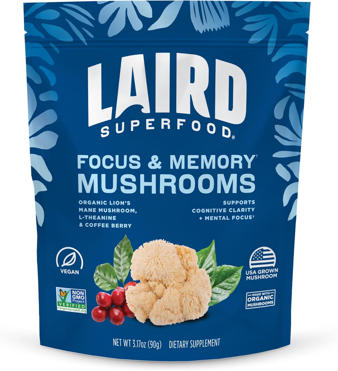 Laird Superfood Organic Focus and Memory Mushroom Blend with Lion’s Mane, L-Theanine, and Coffee Berry, 3.17 oz. Bag, Pack of 1