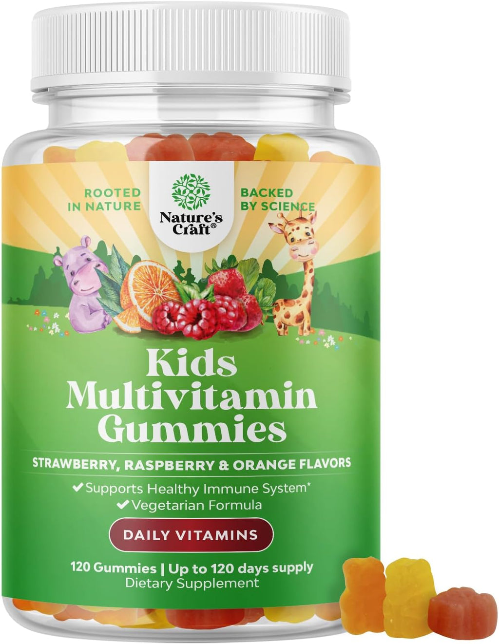 Plant Based Kids Multivitamin Gummies - Multivitamin for Kids Immunity Support Gummies with Vitamins A C D3 E B and Zinc Gelatin and Gluten Free Non-GMO Vitamins Gummy Formula 120ct