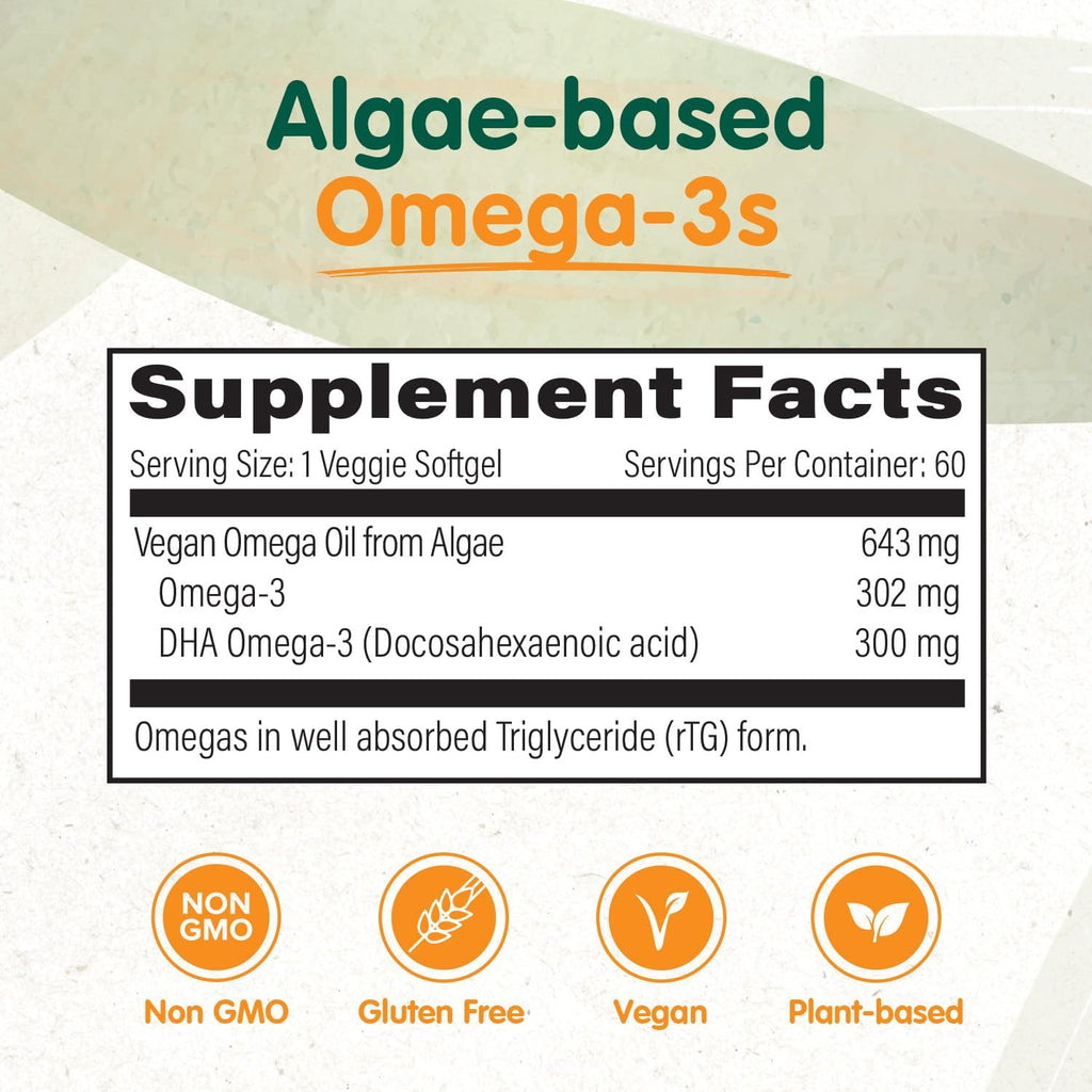 OmegaVia Vegan Omega 3 Supplement, Algae Omega 3 Fish Oil Alternative, 300mg Vegan DHA Fatty Acids, Plant Based, Planet and Ocean Friendly, IAOS 5 Star Tested, 60 Softgels