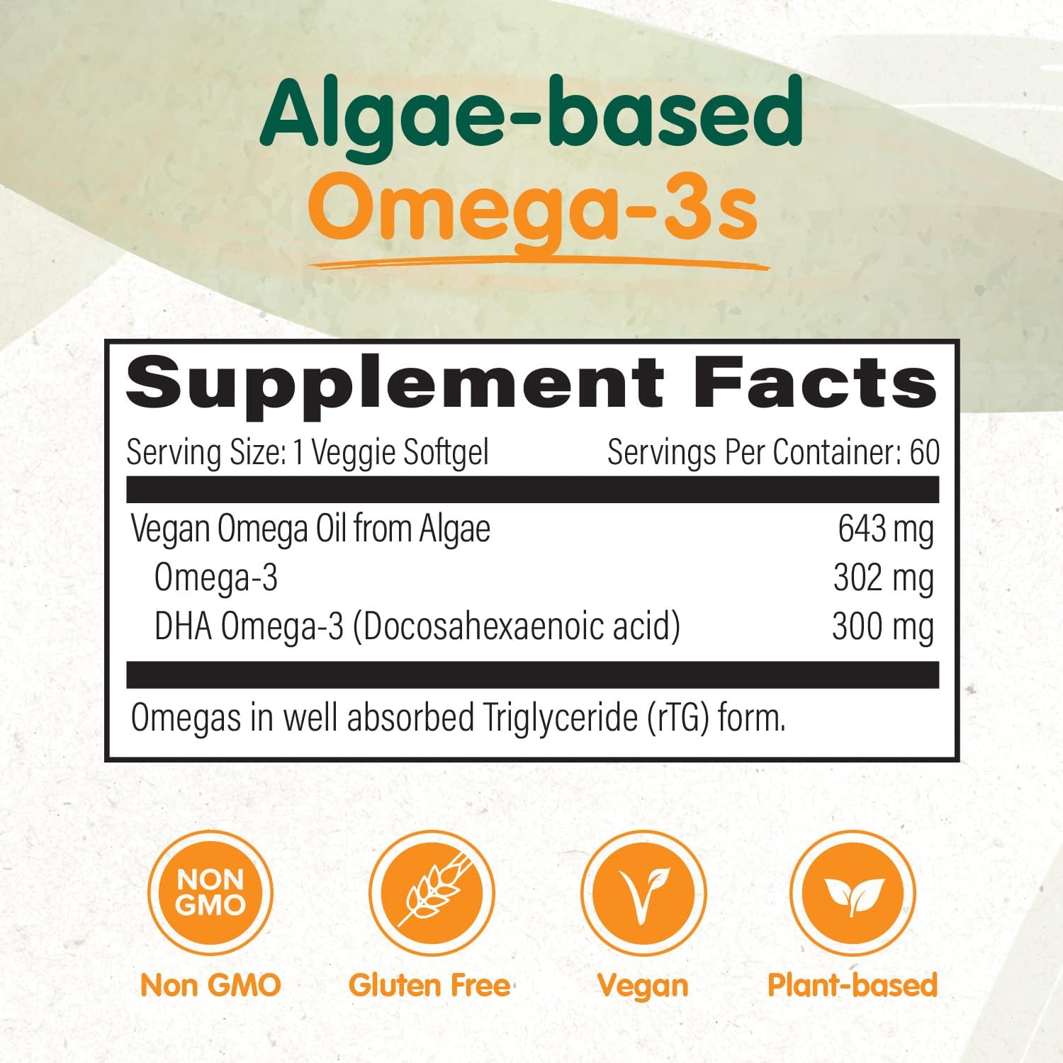 OmegaVia Vegan Omega 3 Supplement, Algae Omega 3 Fish Oil Alternative, 300mg Vegan DHA Fatty Acids, Plant Based, Planet and Ocean Friendly, IAOS 5 Star Tested, 60 Softgels