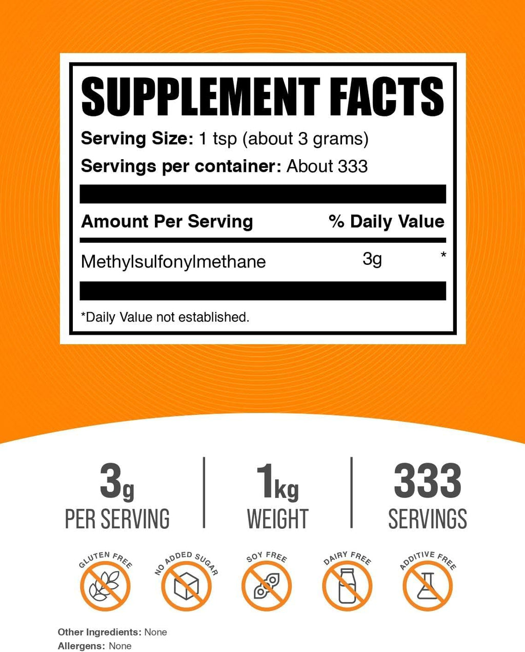 BulkSupplements.com MSM Powder - Methylsulfonylmethane, MSM Supplement, Nutritional Supplement - Gluten Free, 3g per Serving, 1kg (2.2 lbs) (Pack of 1)