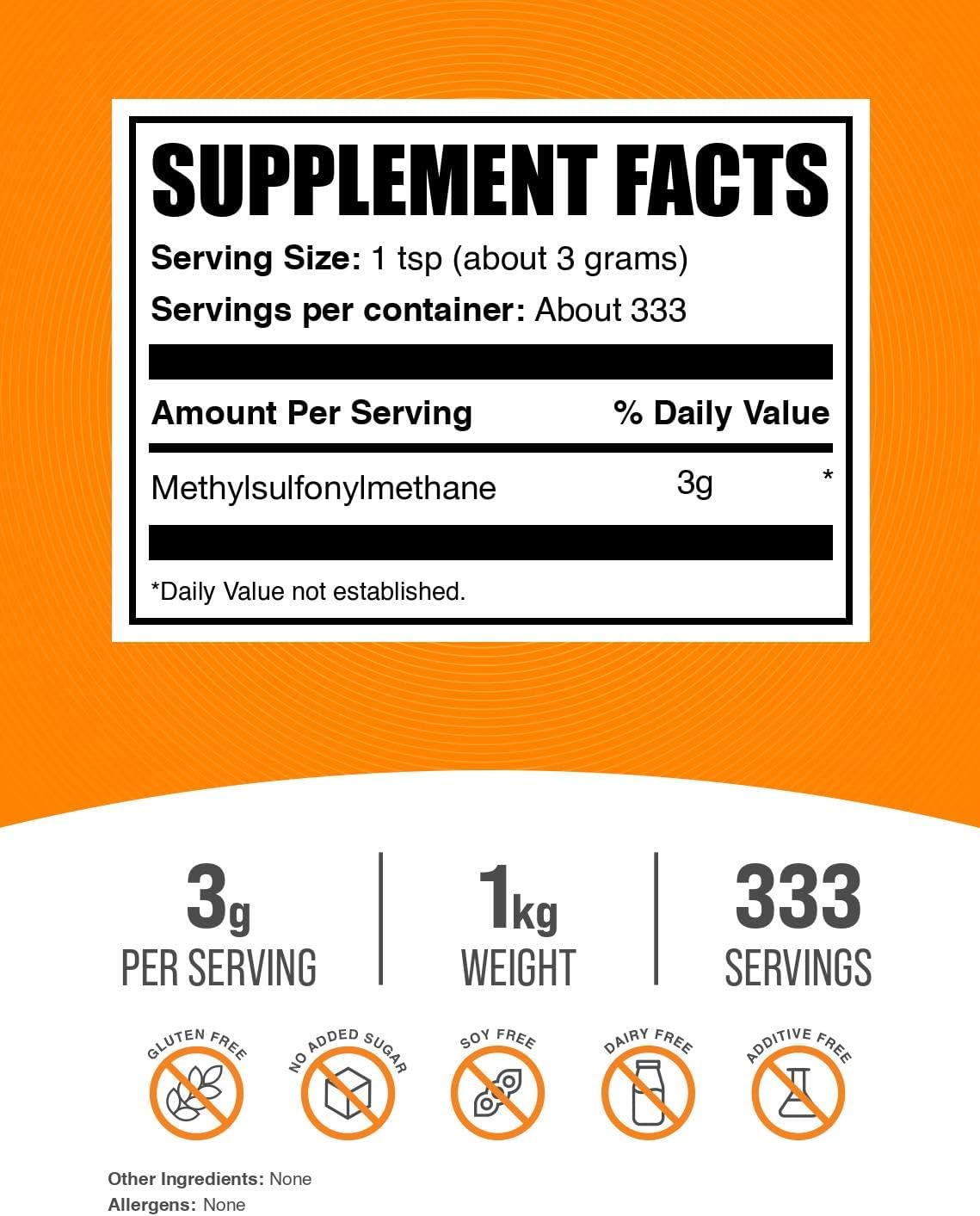 BulkSupplements.com MSM Powder - Methylsulfonylmethane, MSM Supplement, Nutritional Supplement - Gluten Free, 3g per Serving, 1kg (2.2 lbs) (Pack of 1)