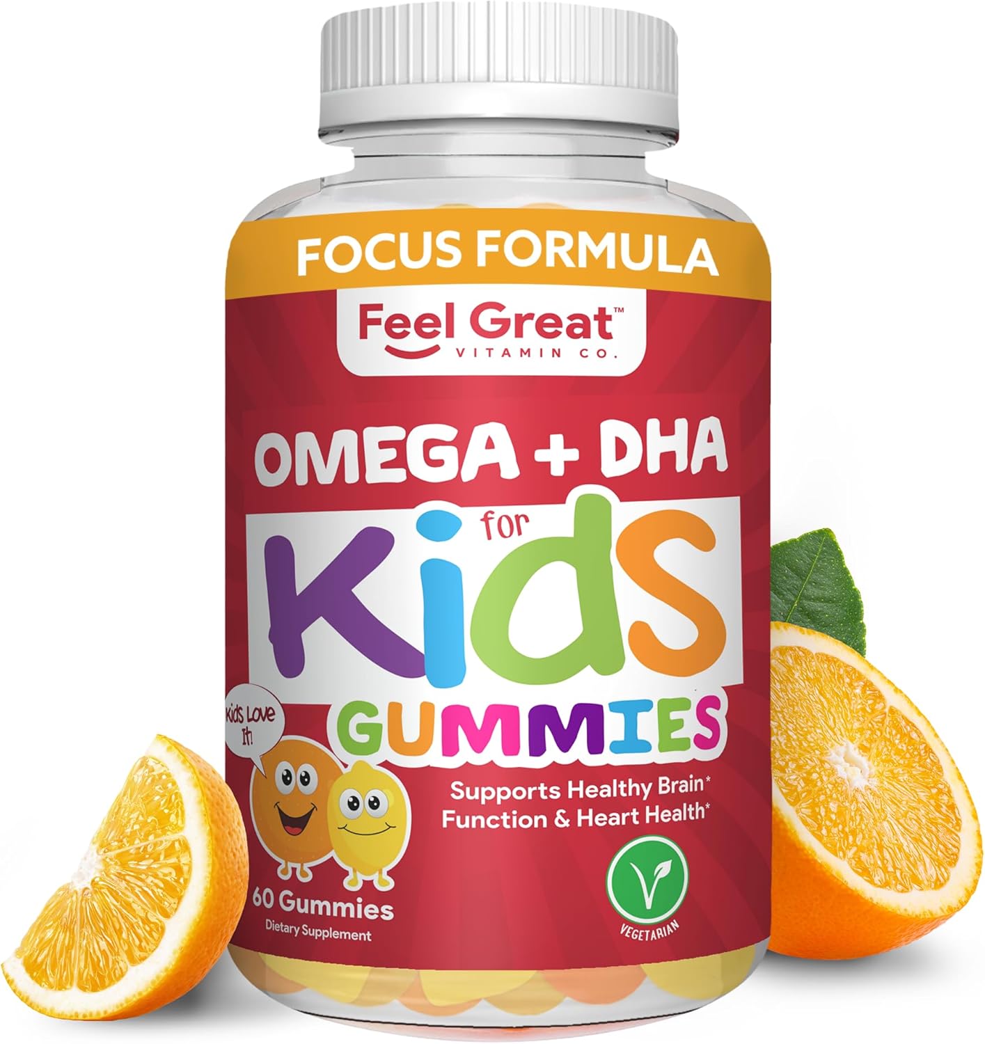 Feel Great Vitamin Co. Complete DHA Gummies for Kids | with Omega 3 6 9 + DHA, Vitamin C | Supports Healthy Brain Function, Vision & Heart Health | Gluten Free, Vegetarian | 60 Gummies