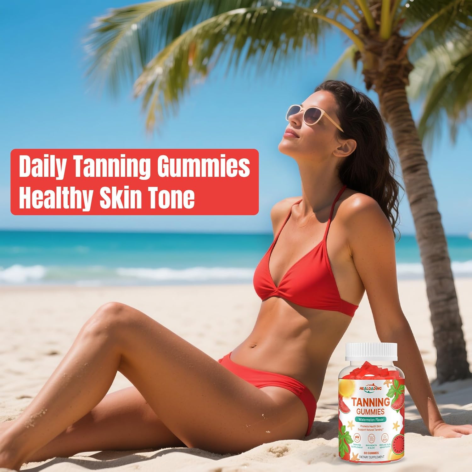 Tanning Gummies - Tan Bronzing Supplement with Astaxanthin Lycopene Beta Carotene Vitamins Supports Sun-Kissed Glow Non-GMO, Vegan Friendly (30-Day Supply)